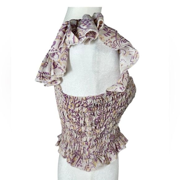 Perry Walker Collective Purple & Yellow Silk Floral Smocked Ruffle Sleeve Top - Picture 8 of 10